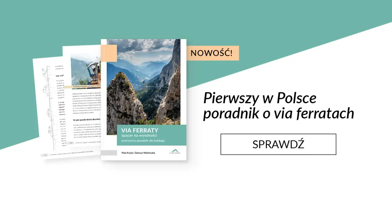 Pierwszy w Polsce poradnik o via ferratach. Zdjęcie przedstawia spektakularną via ferratę w górach.