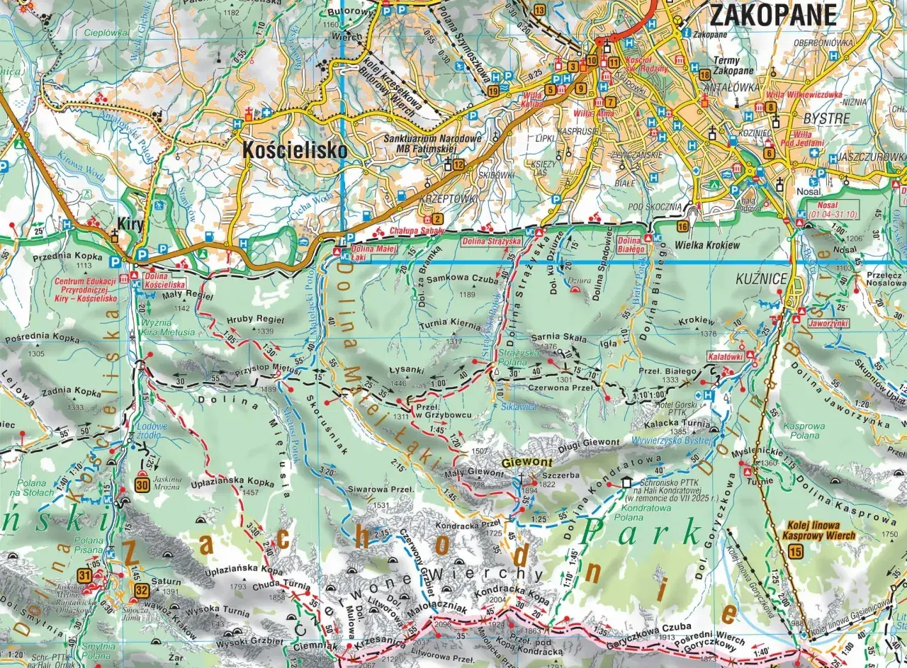 Mapa Tatr Zachodnich z zaznaczonymi szlakami, dolinami i szczytami. Idealna na wyjazd w góry, pokazuje m.in. Zakopane, Kasprowy Wierch i Giewont.