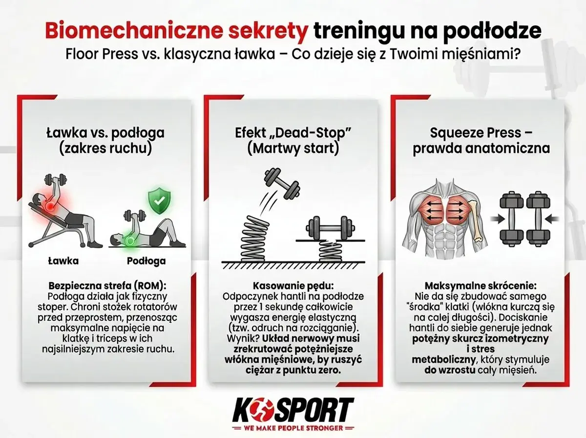 Grafika porównuje ćwiczenia na klatkę piersiową na ławce i na podłodze, pokazując biomechanikę i efekty.