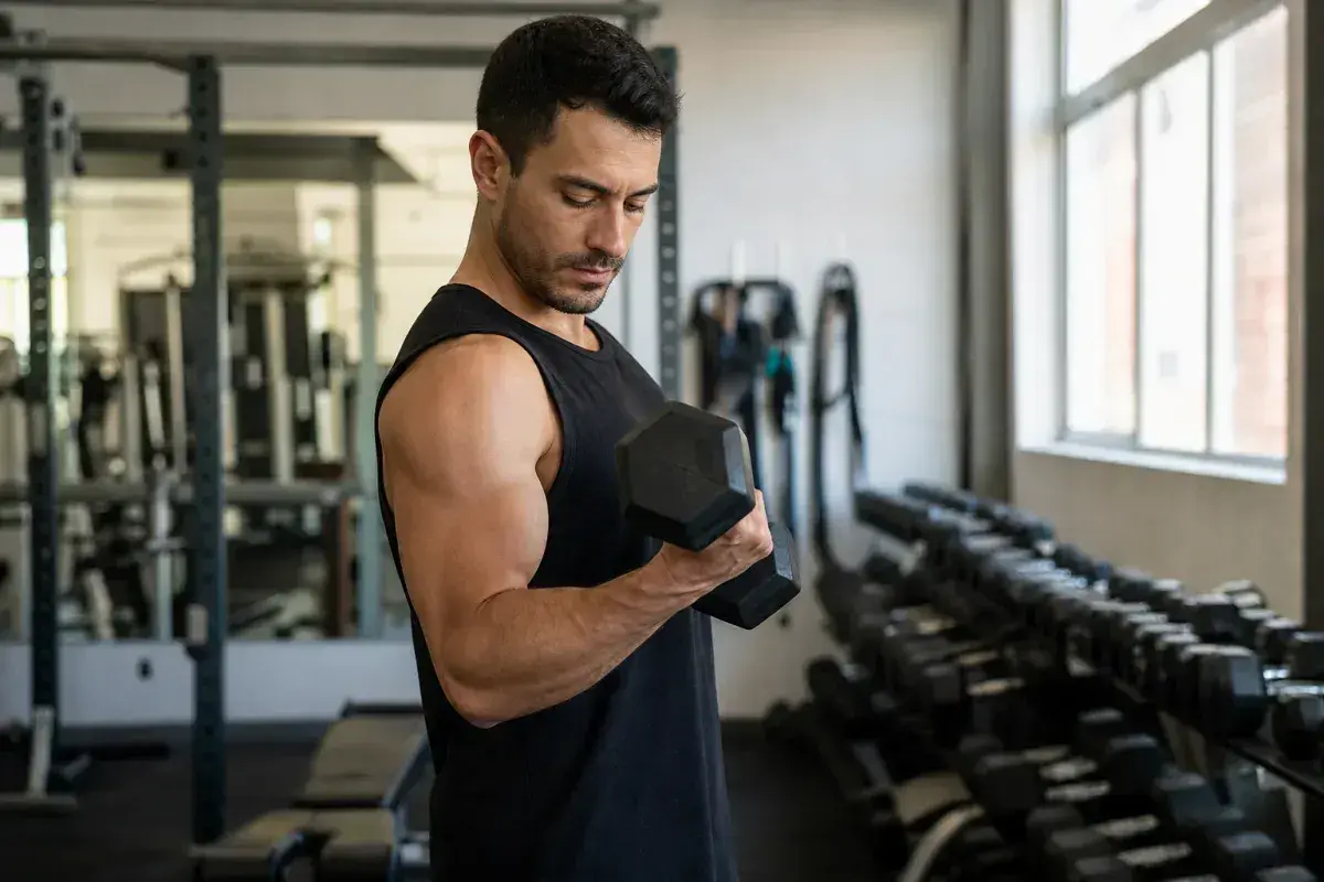 Mężczyzna wykonuje ćwiczenia na biceps z hantlem w siłowni. W tle stojaki z ciężarami.