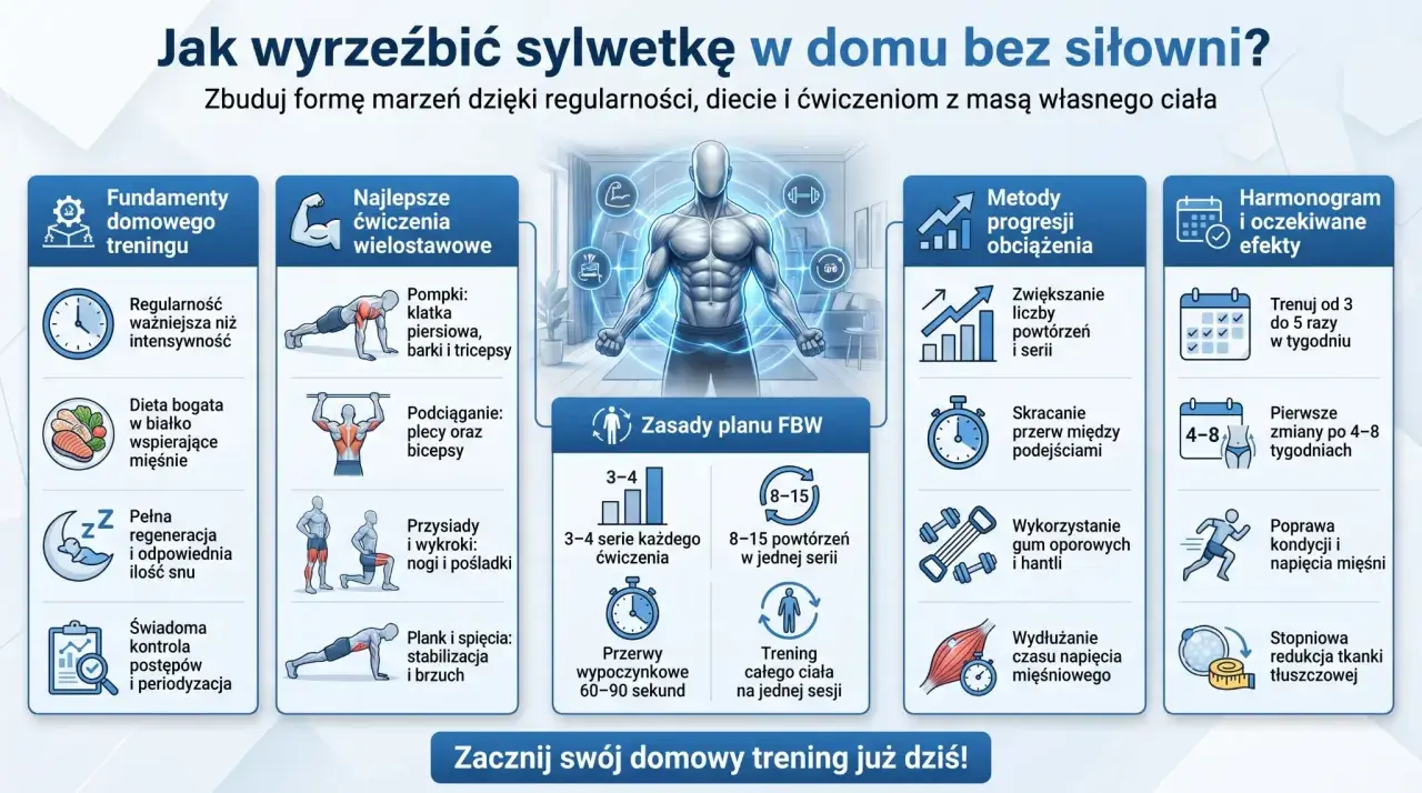 Ilustracja pokazuje zasady ćwiczeń ogólnorozwojowych w domu: fundamenty treningu, ćwiczenia wielostawowe, zasady FBW, metody progresji i harmonogram.