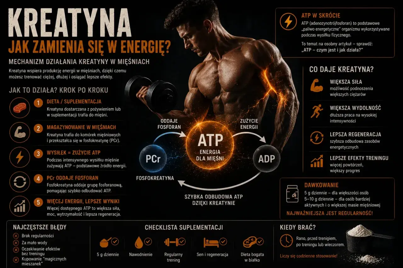 Kreatyna co daje? Większa siła, wydolność i regeneracja. Pomaga w szybkiej odbudowie ATP, co przekłada się na lepsze efekty treningowe.
