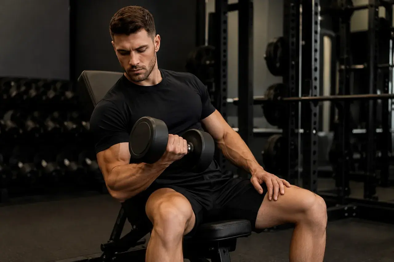 Mężczyzna wykonuje trening oporowy w domu, ćwicząc biceps z hantlem. W tle widać sprzęt do ćwiczeń.