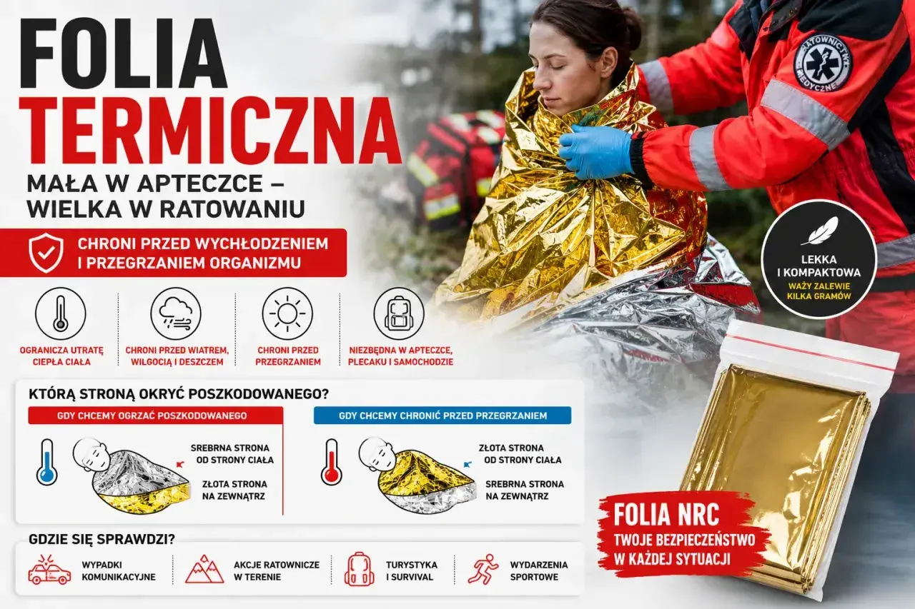 Folia nrc ratuje życie, chroniąc przed wychłodzeniem i przegrzaniem. Niezbędna w apteczce, plecaku i samochodzie.