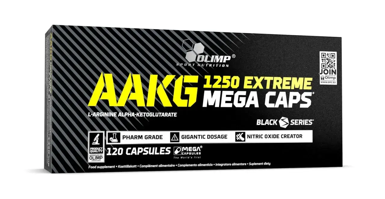 Opakowanie Olimp AAKG 1250 Extreme Mega Caps, suplement diety z L-argininą, wspierający produkcję tlenku azotu (nox).