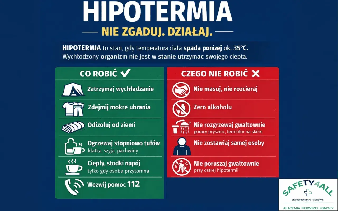 Grafika informuje o hipotermii: co robić (zatrzymaj wychładzanie, zdejmij mokre ubrania, ogrzewaj stopniowo) i czego nie robić (nie masuj, nie rozgrzewaj gwałtownie).