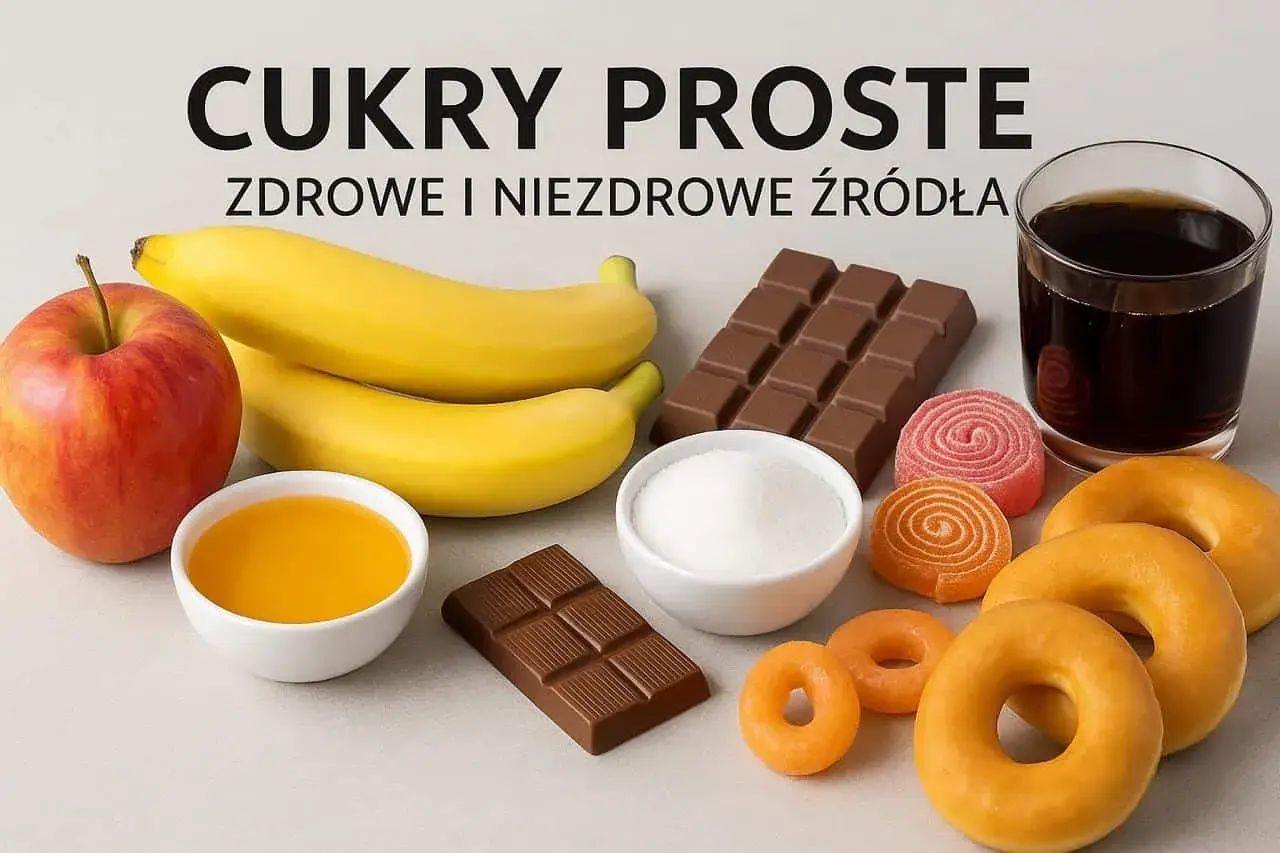 Jabłko, banany, miód, cukier, czekolada, słodycze i napój gazowany – przykłady węglowodanów prostych, zdrowych i niezdrowych.