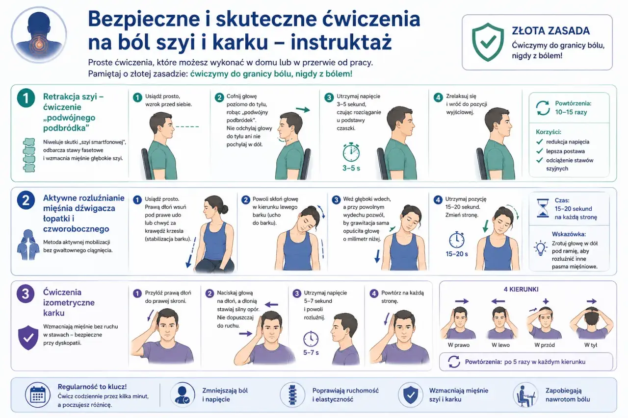 Proste ćwiczenia na kręgosłup szyjny: retrakcja, rozluźnianie mięśni, izometria. Ćwiczymy do granicy bólu, nigdy z bólem!