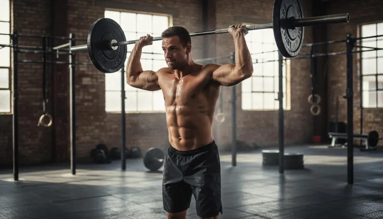 Mężczyzna wykonuje wyciskanie sztangi nad głowę podczas treningu crossfit.