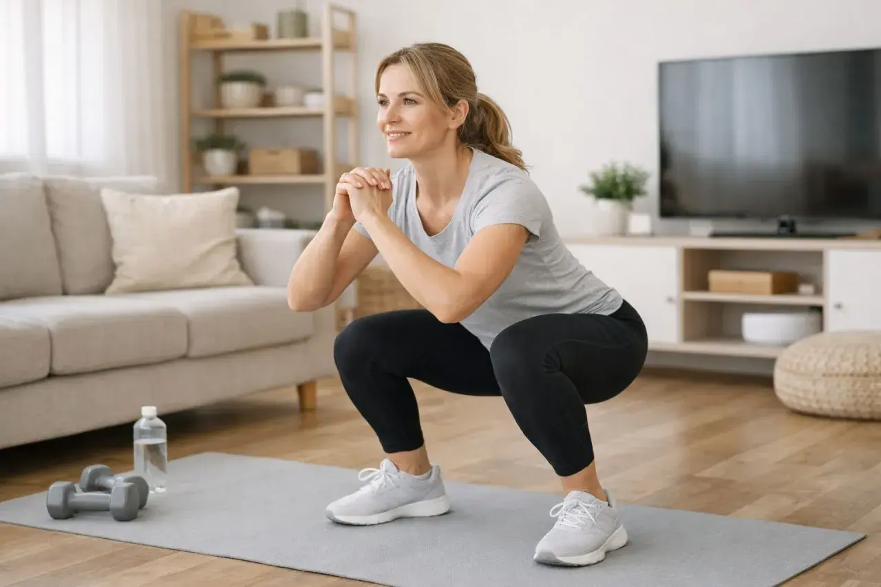 Uśmiechnięta kobieta wykonuje przysiady, ćwicząc cardio w domu. Obok leżą hantle i butelka wody.
