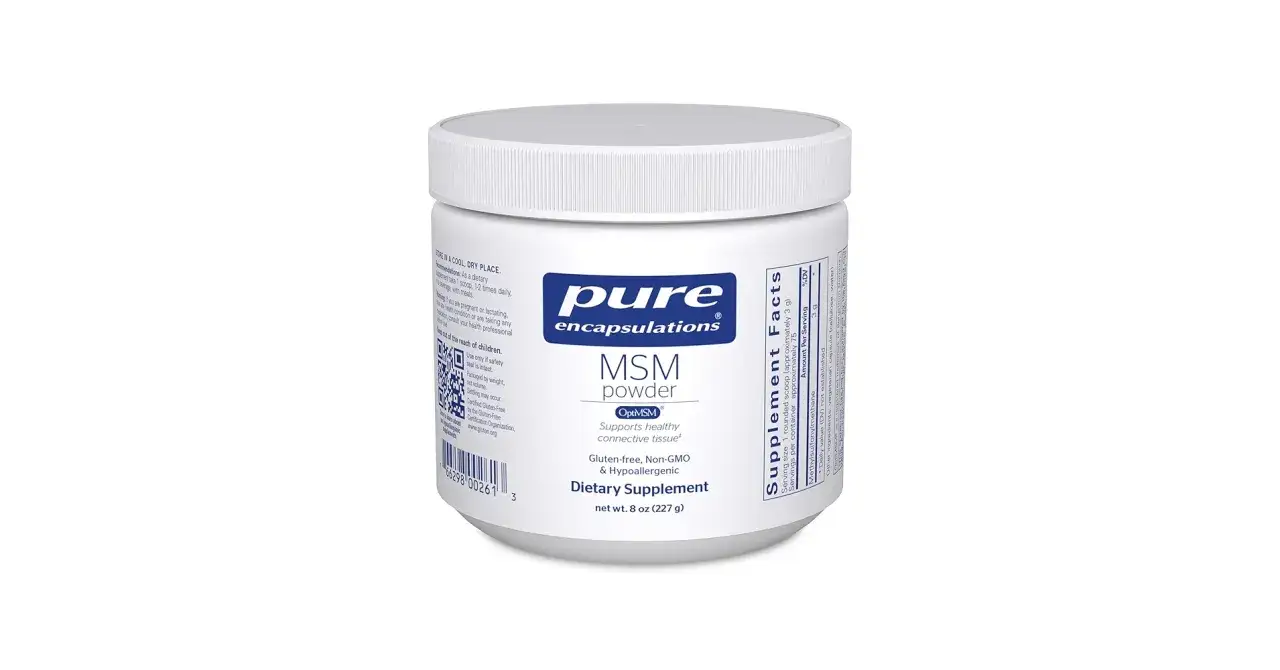 Białe opakowanie suplementu diety Pure Encapsulations MSM powder. Na etykiecie podano zalecane msm dawkowanie: 1 miarka 1-2 razy dziennie.