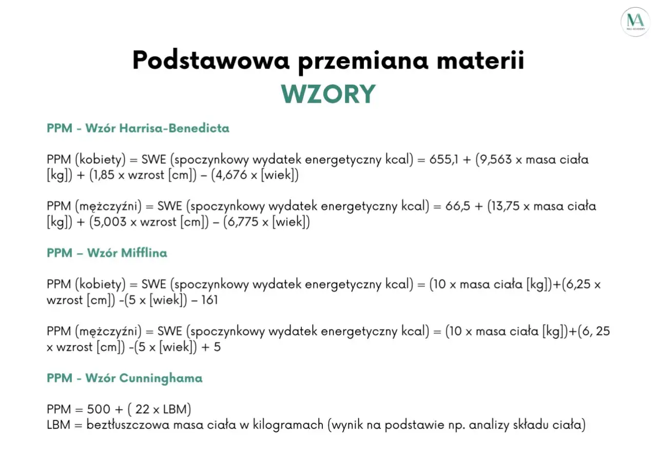 Wzór Harrisa-Benedicta do obliczania PPM (podstawowej przemiany materii) dla kobiet i mężczyzn, uwzględniający masę ciała, wzrost i wiek.