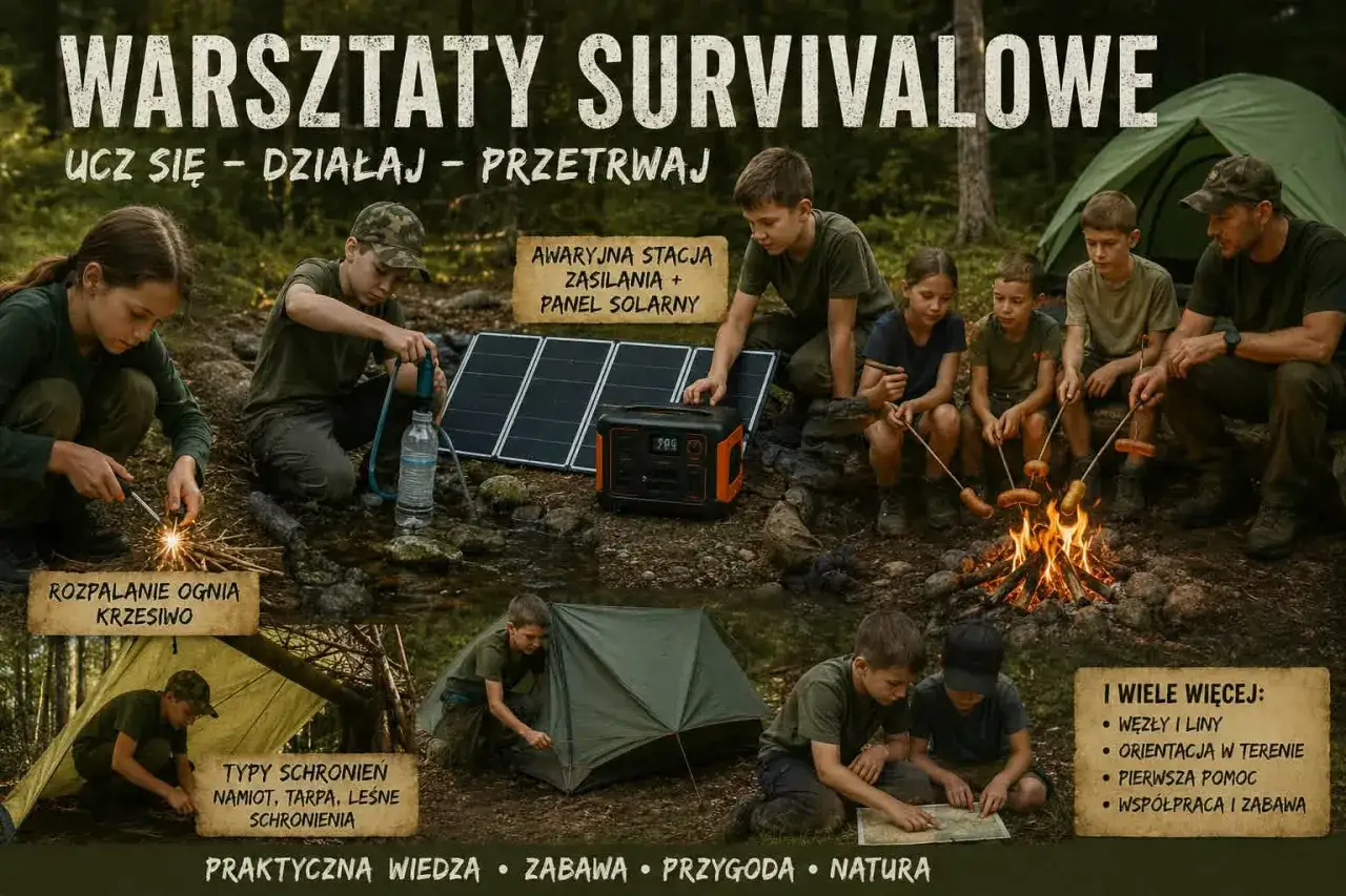 Dzieci uczą się, co to jest survival: rozpalają ogień, budują schronienia, korzystają z paneli słonecznych i uczą się czytać mapę.
