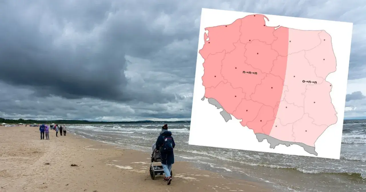 Mapa Polski z zaznaczonymi kierunkami wiatru na tle burzowych chmur nad plażą.