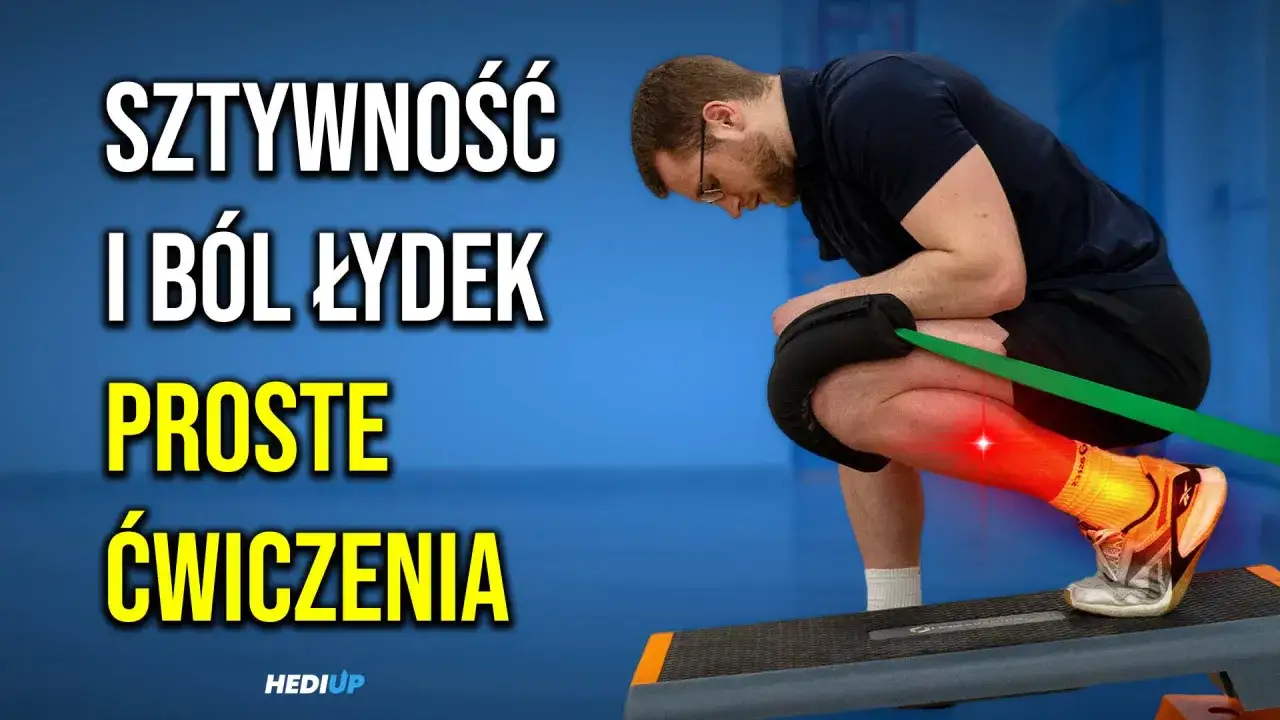 Mężczyzna wykonuje ćwiczenia na ból łydek. Czerwony błysk na łydce sugeruje dyskomfort.