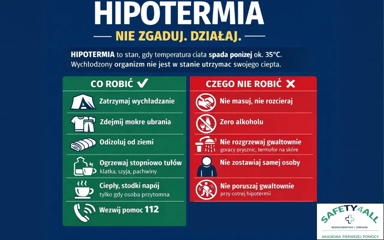 Grafika informuje o hipotermii: co robić (zatrzymaj wychładzanie, zdejmij mokre ubrania, ogrzewaj stopniowo) i czego nie robić (nie masuj, nie rozgrzewaj gwałtownie).