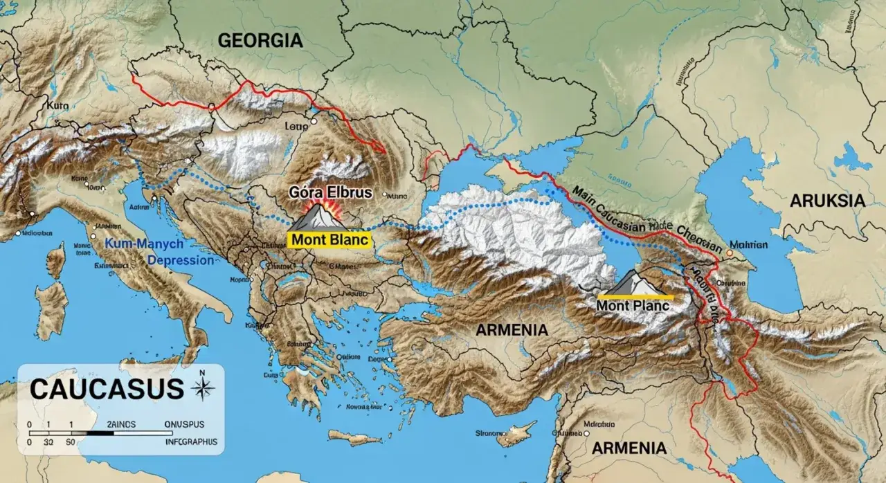 Mapa Kaukazu z zaznaczonymi szczytami: Góra Elbrus i Mont Blanc. To korona Europy, szczyty górskie.