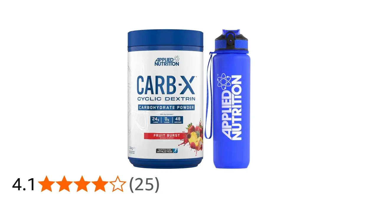 Puszka z odżywką węglowodanową CARB-X i niebieska butelka na wodę Applied Nutrition. Idealny zestaw dla sportowców.