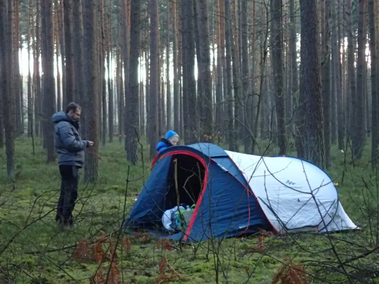 Dwóch turystów rozbija namiot w lesie. Jeden z nich, ubrany w niebieską kurtkę, zagląda do środka. Drugi, w szarej kurtce, stoi obok, trzymając linkę. To może być początek przygody, jak u marabuta, który wyrusza w nieznane.