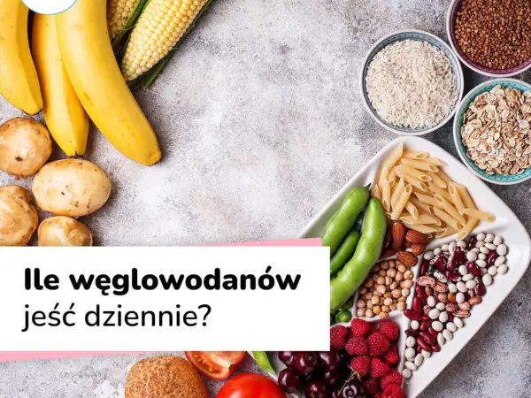 Zdjęcie pokazuje różne źródła węglowodanów: banany, ziemniaki, kukurydzę, makaron, ryż, fasolę, ciecierzycę, płatki owsiane i owoce.